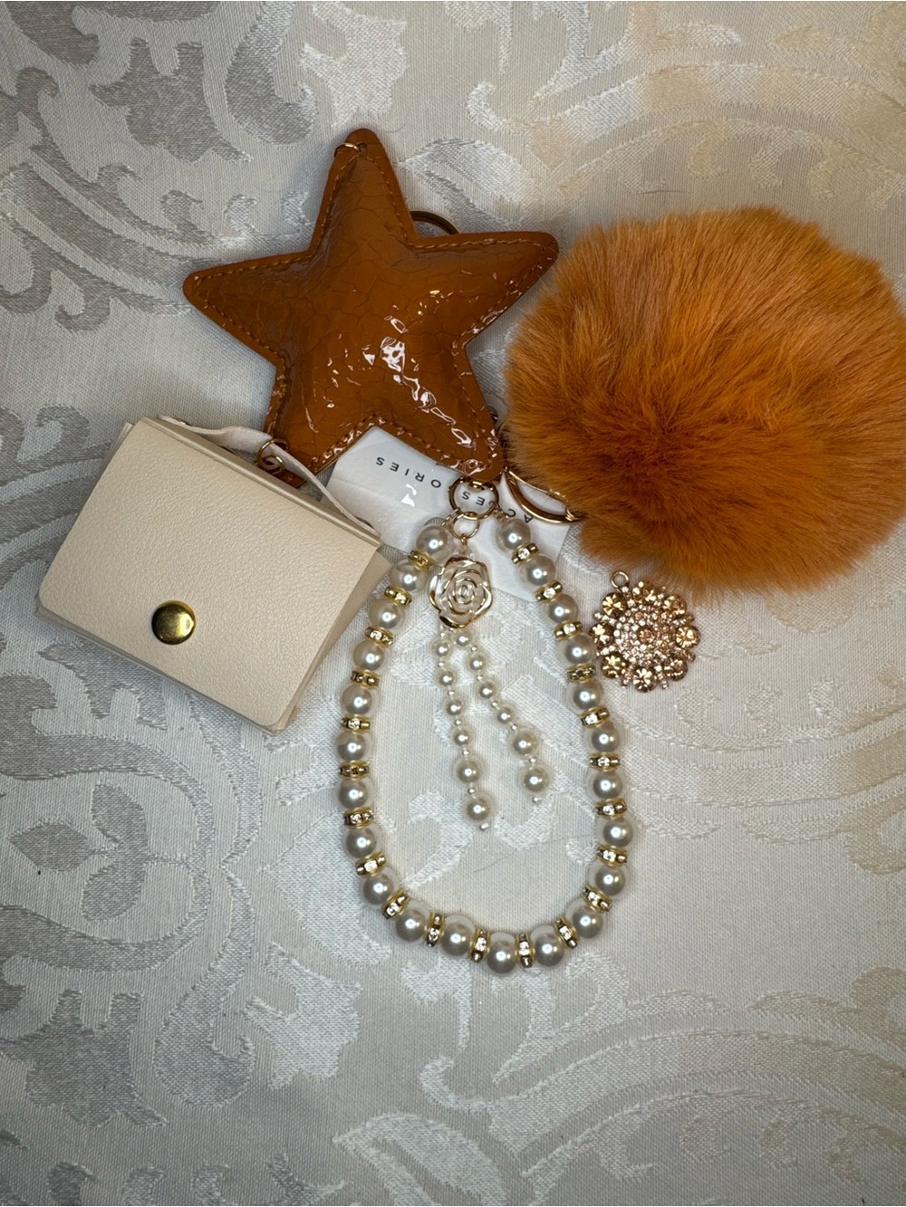 New Junk bag charm Pearl Beaded Hoop with Beige Snap Pouch, Pom-Pom and Star